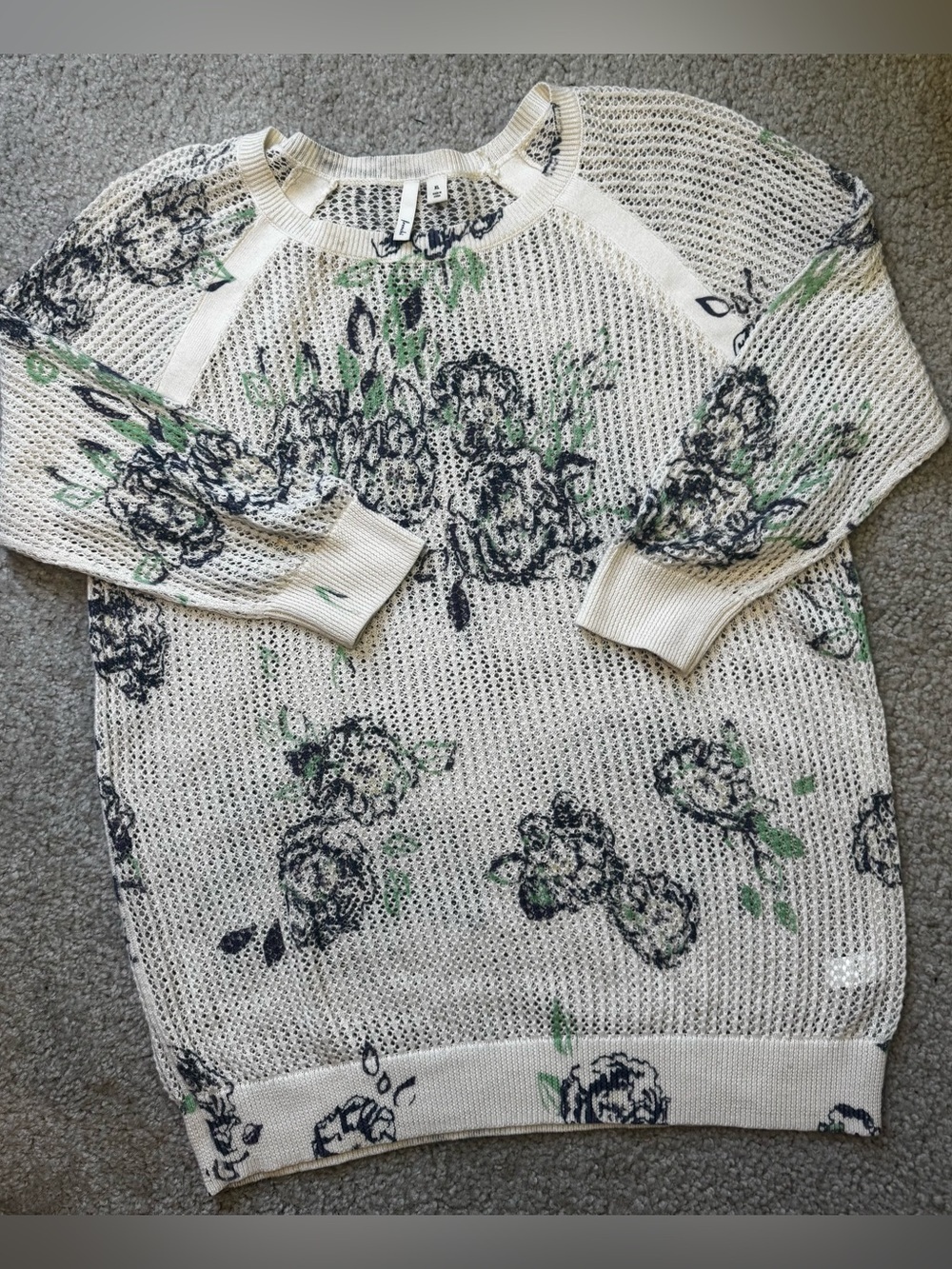 Frenchi Cream Open-Knit Floral Sweater with Navy and Green Print